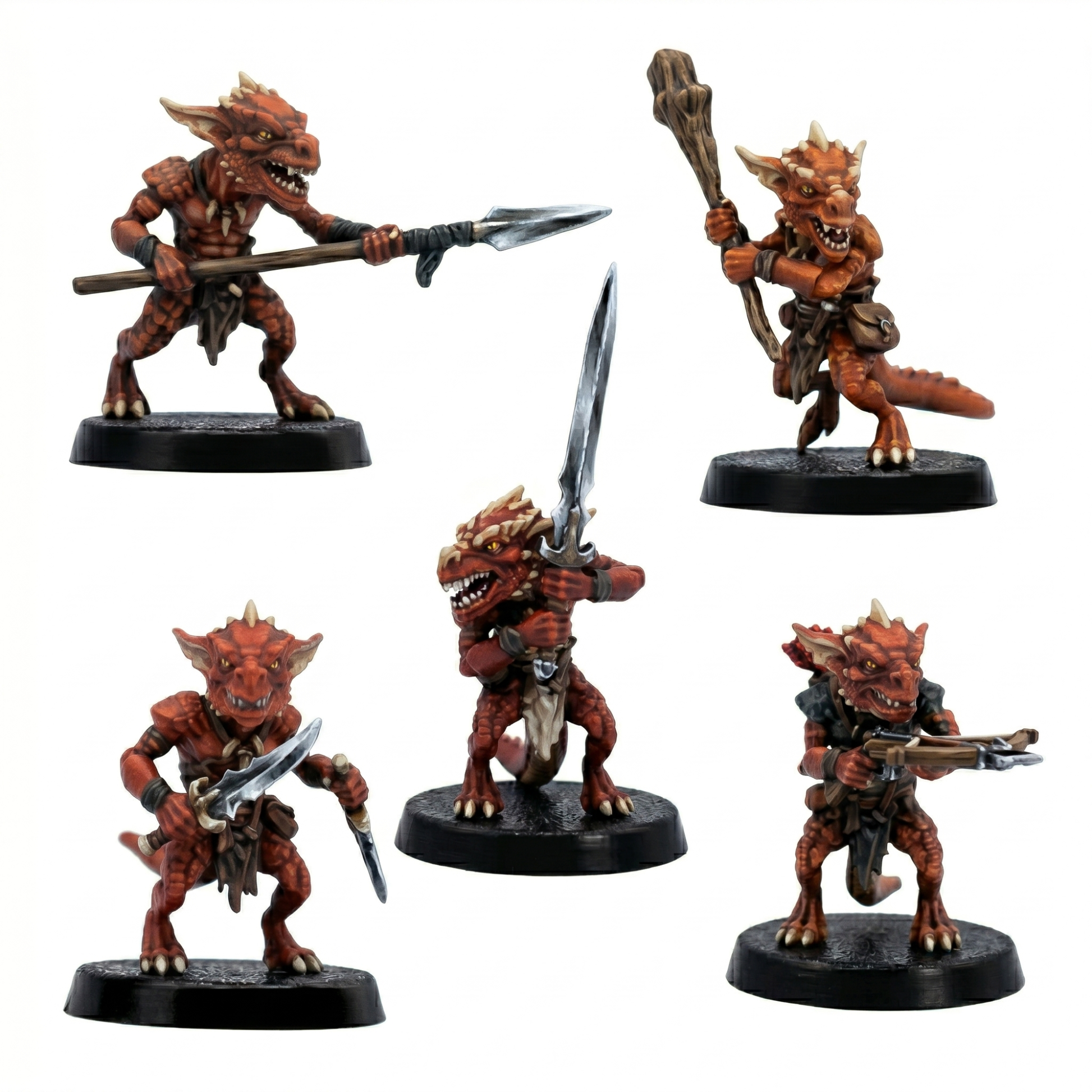 Painted example of five Kobold fantasy tabletop miniatures by Forged Path Miniatures for roleplaying games and wargaming encounters.