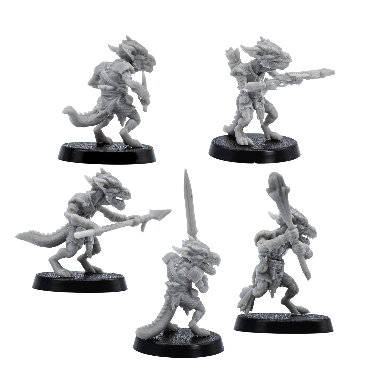 Rear views of unpainted Kobold fantasy miniatures showing sculpted armor, tails, weapons, and resin detail.