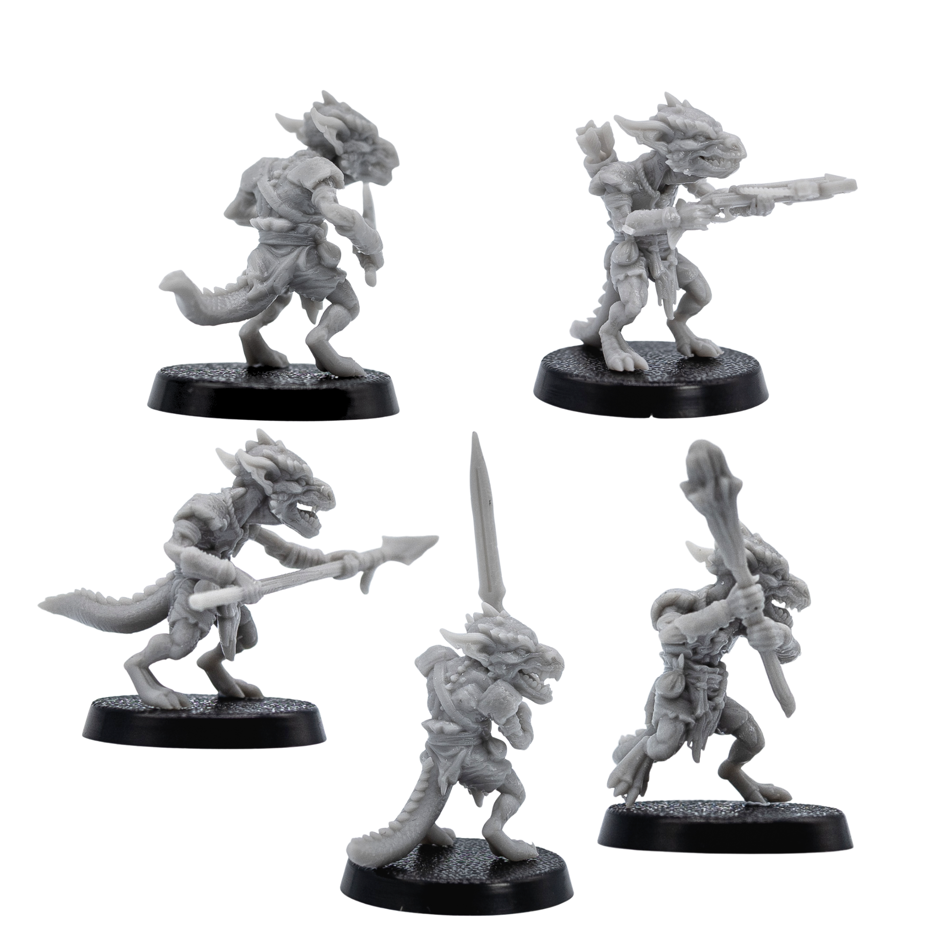 Rear views of unpainted Kobold fantasy miniatures showing sculpted armor, tails, weapons, and resin detail.