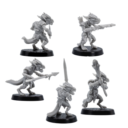 Rear views of unpainted Kobold fantasy miniatures showing sculpted armor, tails, weapons, and resin detail.