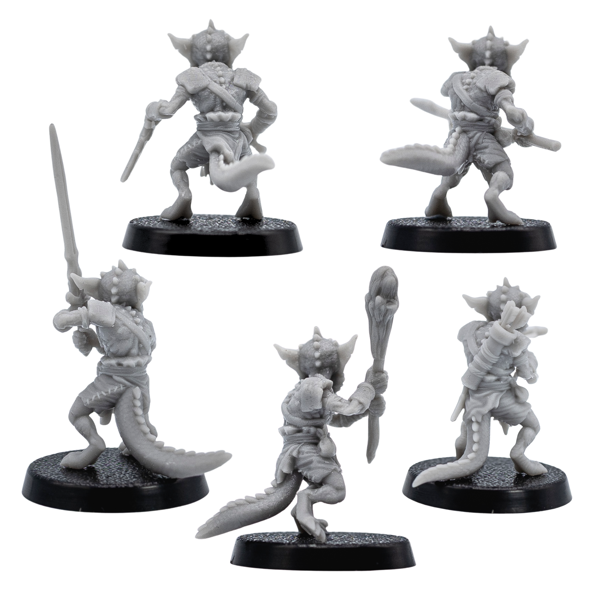 Unpainted set of five Kobold resin miniatures by Forged Path Miniatures for fantasy tabletop RPG encounters.