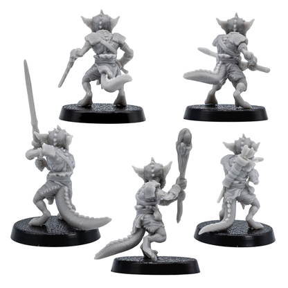 Unpainted set of five Kobold resin miniatures by Forged Path Miniatures for fantasy tabletop RPG encounters.