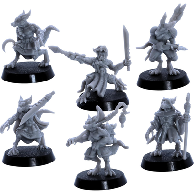 Unpainted kobold fantasy miniatures in dynamic combat poses with spears, blades, and shields.