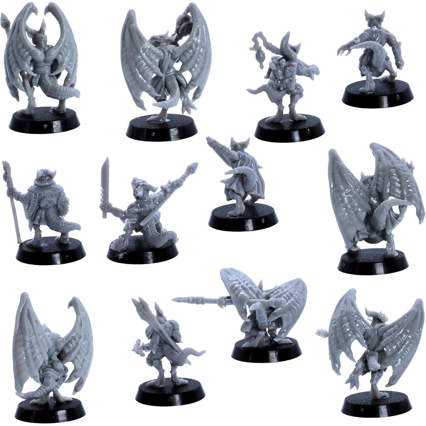 Unpainted Kobold miniatures shown from rear angles with wings, tails, cloaks, and weapons.
