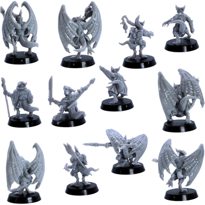 Unpainted Kobold miniatures shown from rear angles with wings, tails, cloaks, and weapons.