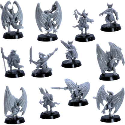 Unpainted Kobold miniatures shown from rear angles with wings, tails, cloaks, and weapons.