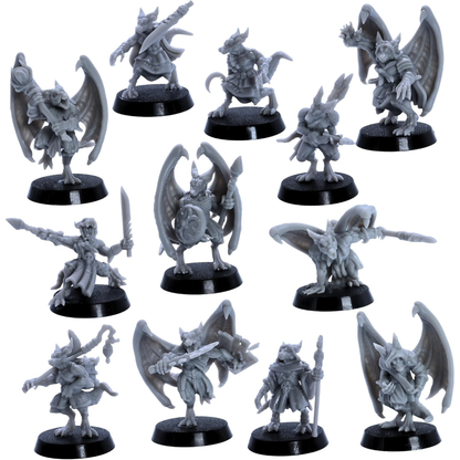 Unpainted Kobolds set of 12 showing winged, robed, armed, and shield-bearing kobold miniatures.