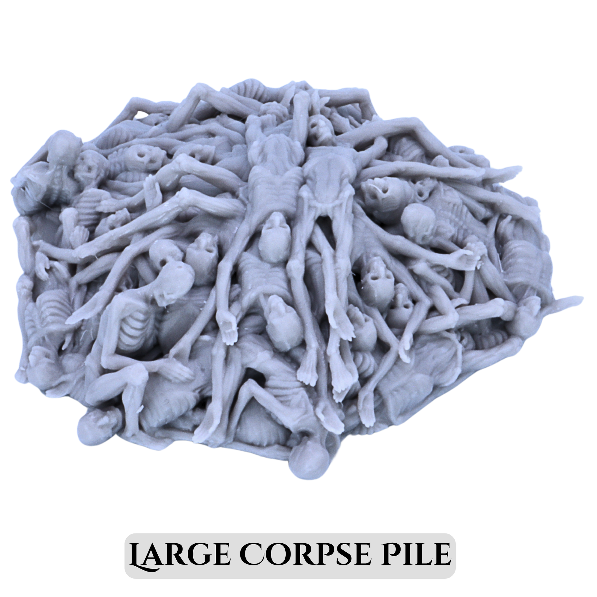 Large Corpse Pile terrain piece by Printable Scenery with sculpted skeletons, skulls, bones, and bodies.