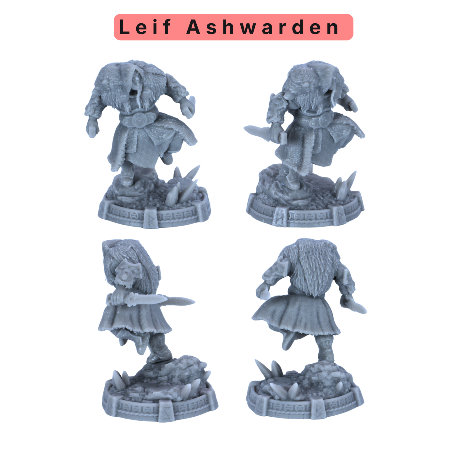Unpainted Leif Ashwarden miniature showing multiple views of a Norse warrior with fur cloak, knife, and scenic base.