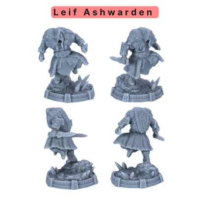 Unpainted Leif Ashwarden miniature showing multiple views of a Norse warrior with fur cloak, knife, and scenic base.