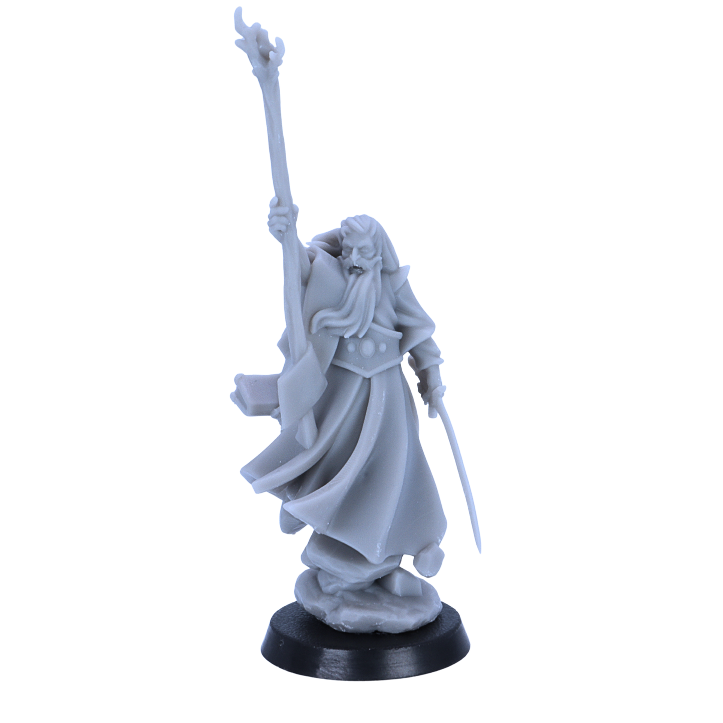 Unpainted light mage miniature by Highlands Miniatures holding a tall staff and curved blade on a scenic base.