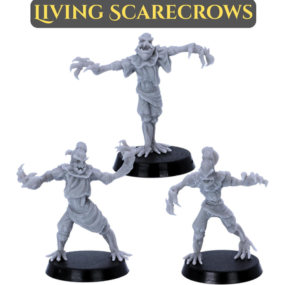 Three Living Scarecrow fantasy monster miniatures in varied supernatural poses.
