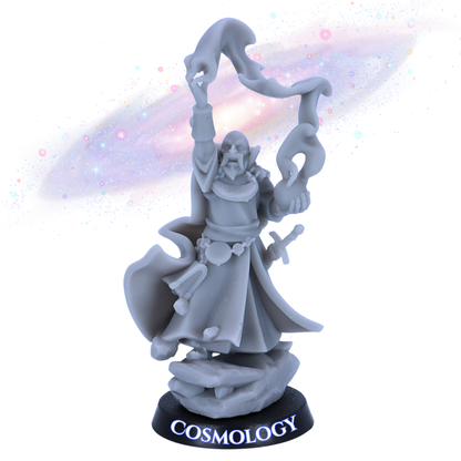 Painted Mage of Cosmology miniature by Highlands Miniatures with blue and purple robes, glowing celestial orb, and swirling cosmic magic.