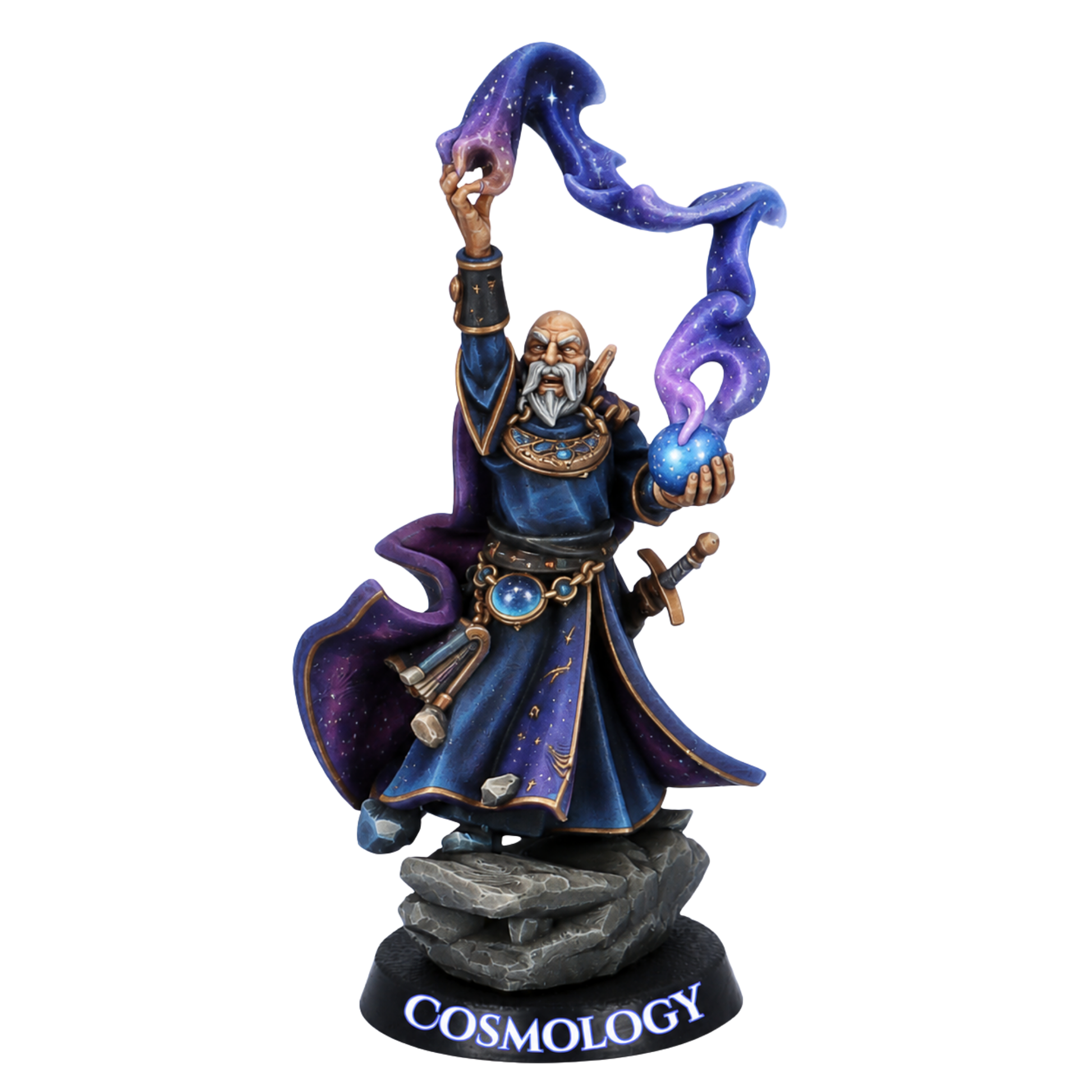 Unpainted Mage of Cosmology miniature by Highlands Miniatures holding a magical orb with swirling celestial energy above a rocky base.