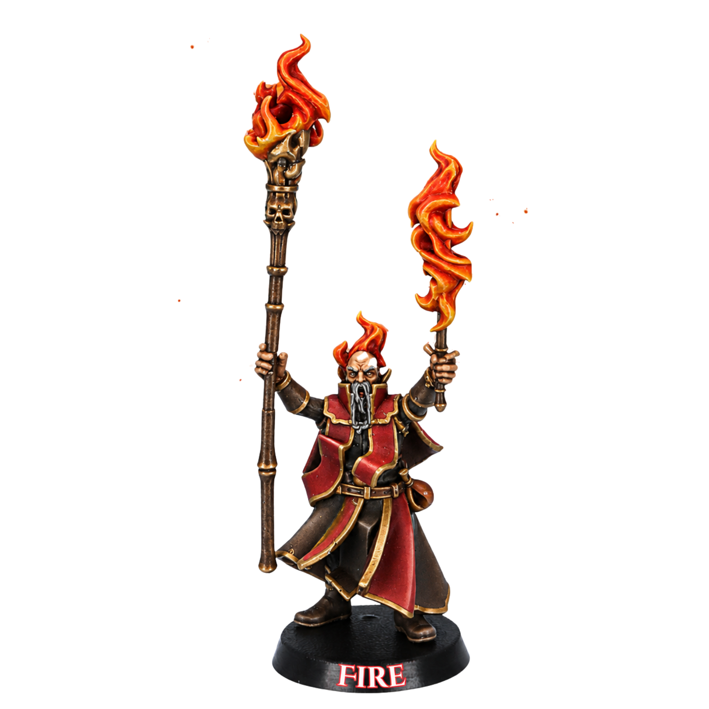 Painted Mage of Fire miniature by Highlands Miniatures wielding a flaming staff and conjuring magical fire in red and black robes.