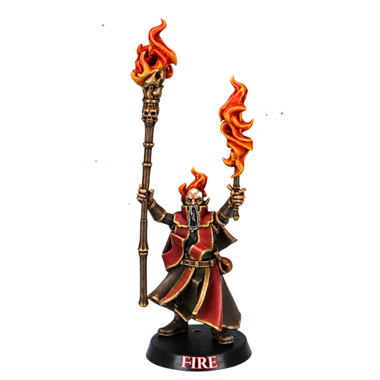 Painted Mage of Fire miniature by Highlands Miniatures wielding a flaming staff and conjuring magical fire in red and black robes.