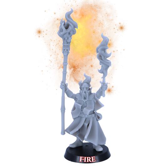 Unpainted Mage of Fire miniature by Highlands Miniatures showing flame effects, ornate staff, raised hand, flowing robes, and 25mm round base.