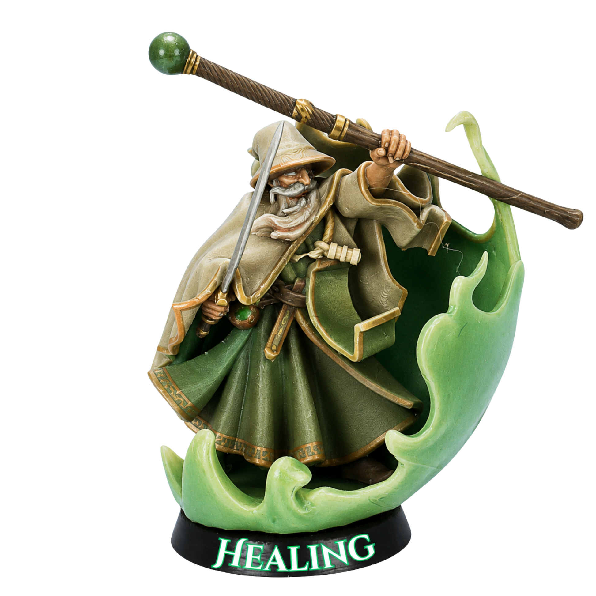 Painted Mage of Healing miniature by Highlands Miniatures with staff, hooded robes, sword, and sweeping green magical energy effects.