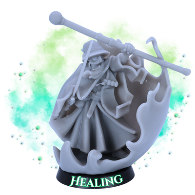 Unpainted Mage of Healing miniature by Highlands Miniatures showing long staff, layered robes, sword, magical energy effects, and 25mm round base.