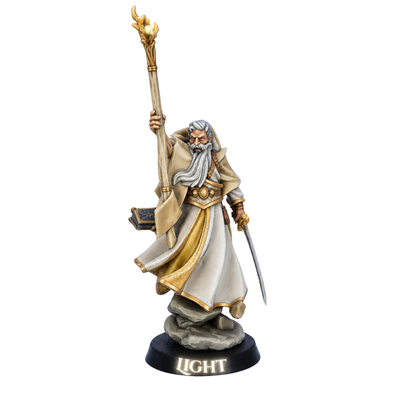 Painted Mage of Light miniature by Highlands Miniatures with raised staff, sword, flowing white and gold robes, spellbook, and rocky base.