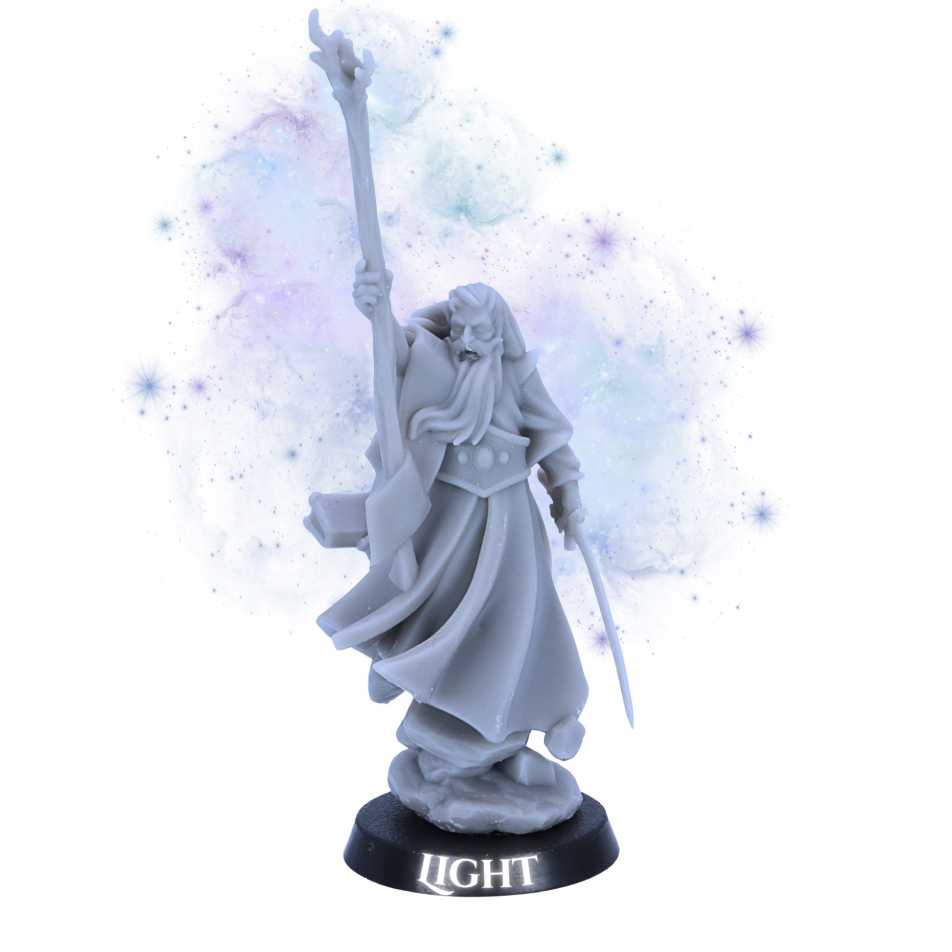 Unpainted Mage of Light miniature by Highlands Miniatures showing raised staff, sword, flowing robes, spellbook, rocky detail, and 25mm round base.