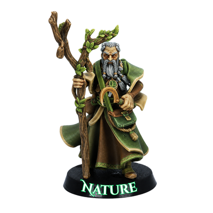 Painted Mage of Nature miniature by Highlands Miniatures with leafy wooden staff, crescent sickle, green robes, satchel, and natural details.