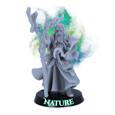Unpainted Mage of Nature miniature by Highlands Miniatures showing gnarled staff, leaves, crescent sickle, layered robes, satchel, and 25mm round base.