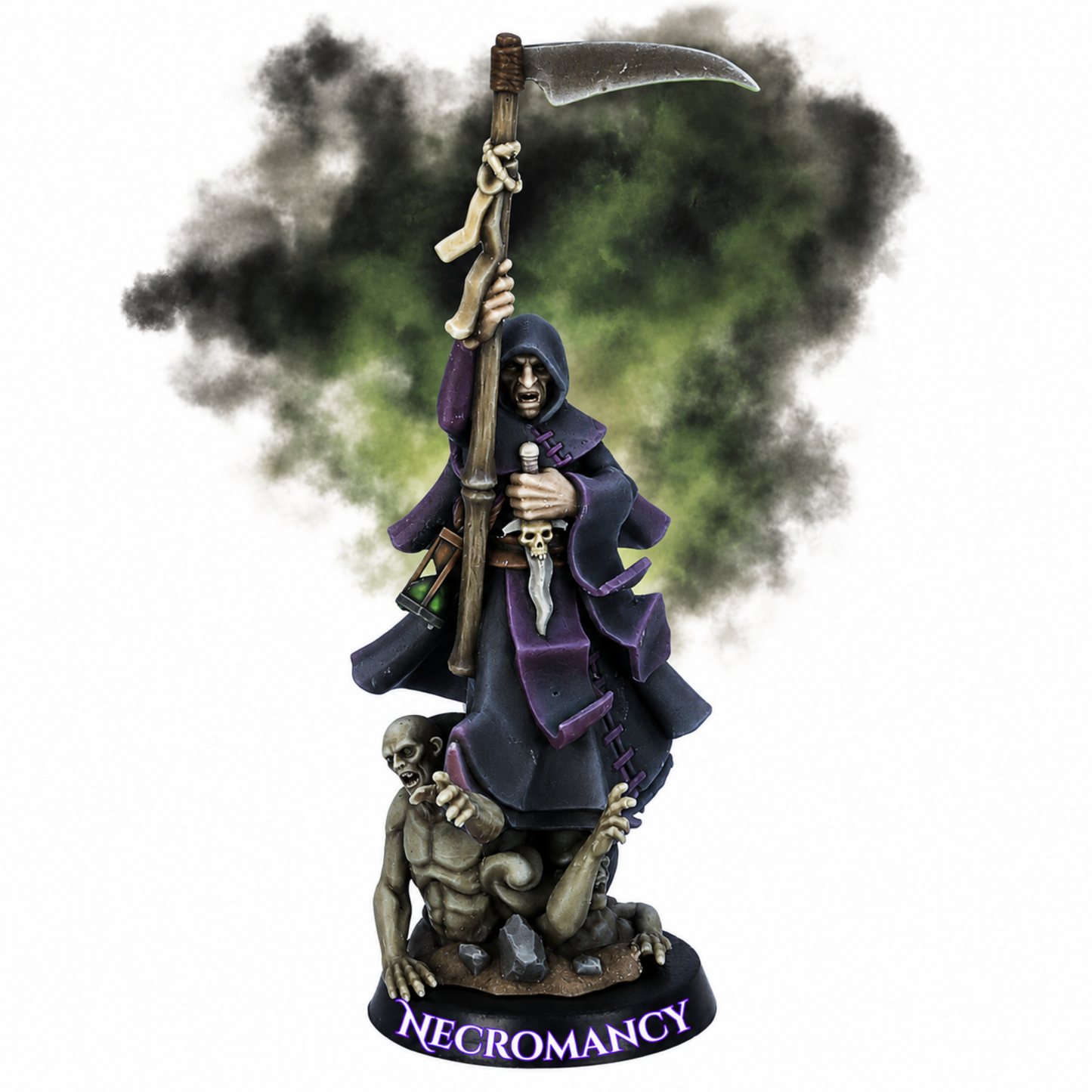 Painted Mage of Necromancy miniature by Highlands Miniatures with towering scythe, hooded robes, skull dagger, lantern, and rising undead servant.
