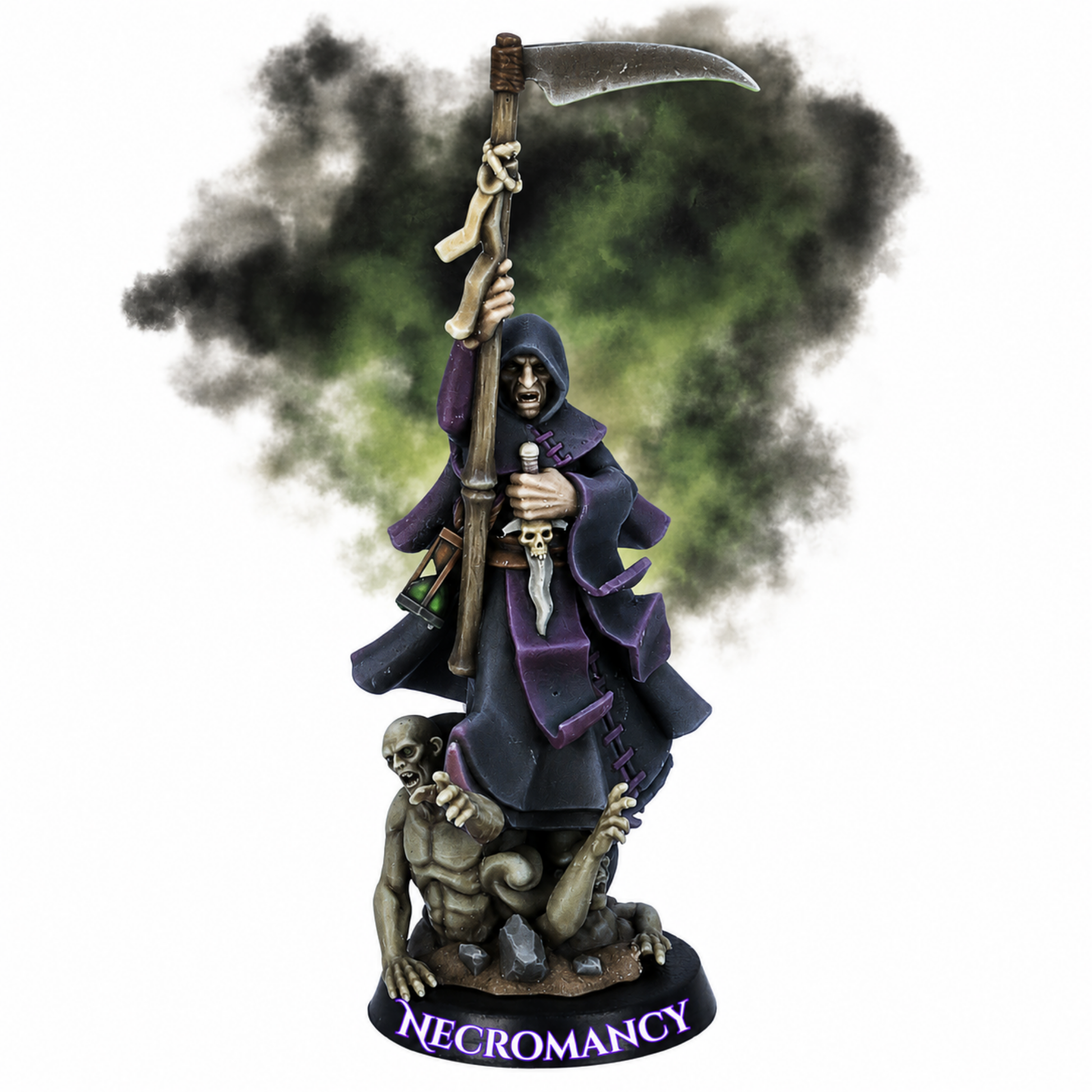 Painted Mage of Necromancy miniature by Highlands Miniatures with towering scythe, hooded robes, skull dagger, lantern, and rising undead servant.