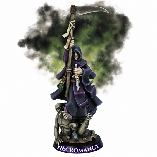 Painted Mage of Necromancy miniature by Highlands Miniatures with towering scythe, hooded robes, skull dagger, lantern, and rising undead servant.