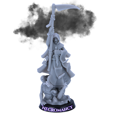 Unpainted Mage of Necromancy miniature by Highlands Miniatures showing scythe, hooded robes, undead figure, skull details, and 25mm round base.