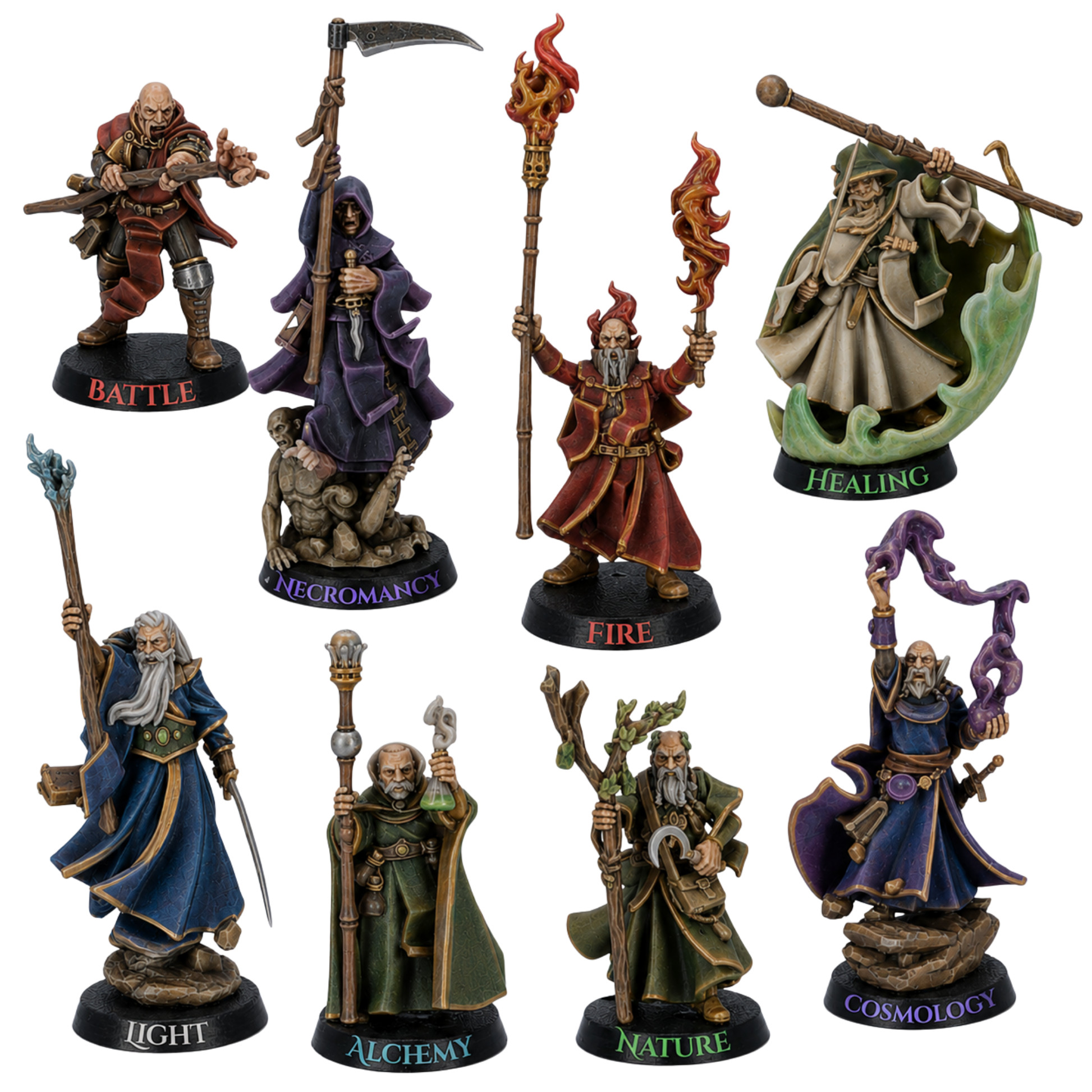 Painted Mages Wizards set of 8 by Highlands Miniatures showing fantasy spellcaster miniatures themed around battle magic, necromancy, fire, healing, light, alchemy, nature, and cosmology.
