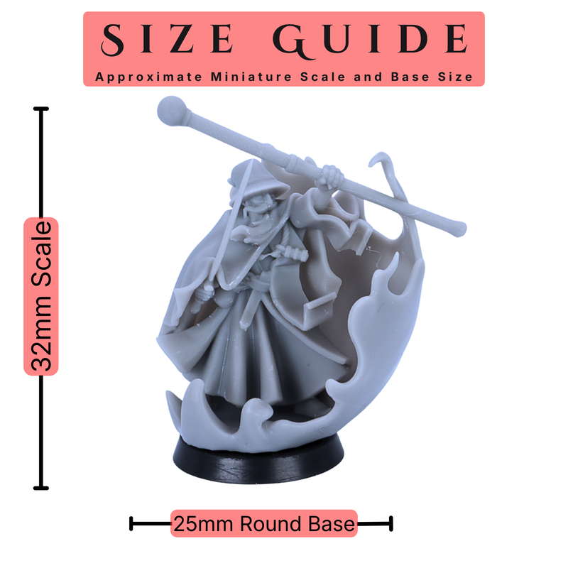 Size guide for Highlands Miniatures Mages Wizards set showing 32mm scale fantasy spellcaster miniature on a 25mm round base.
