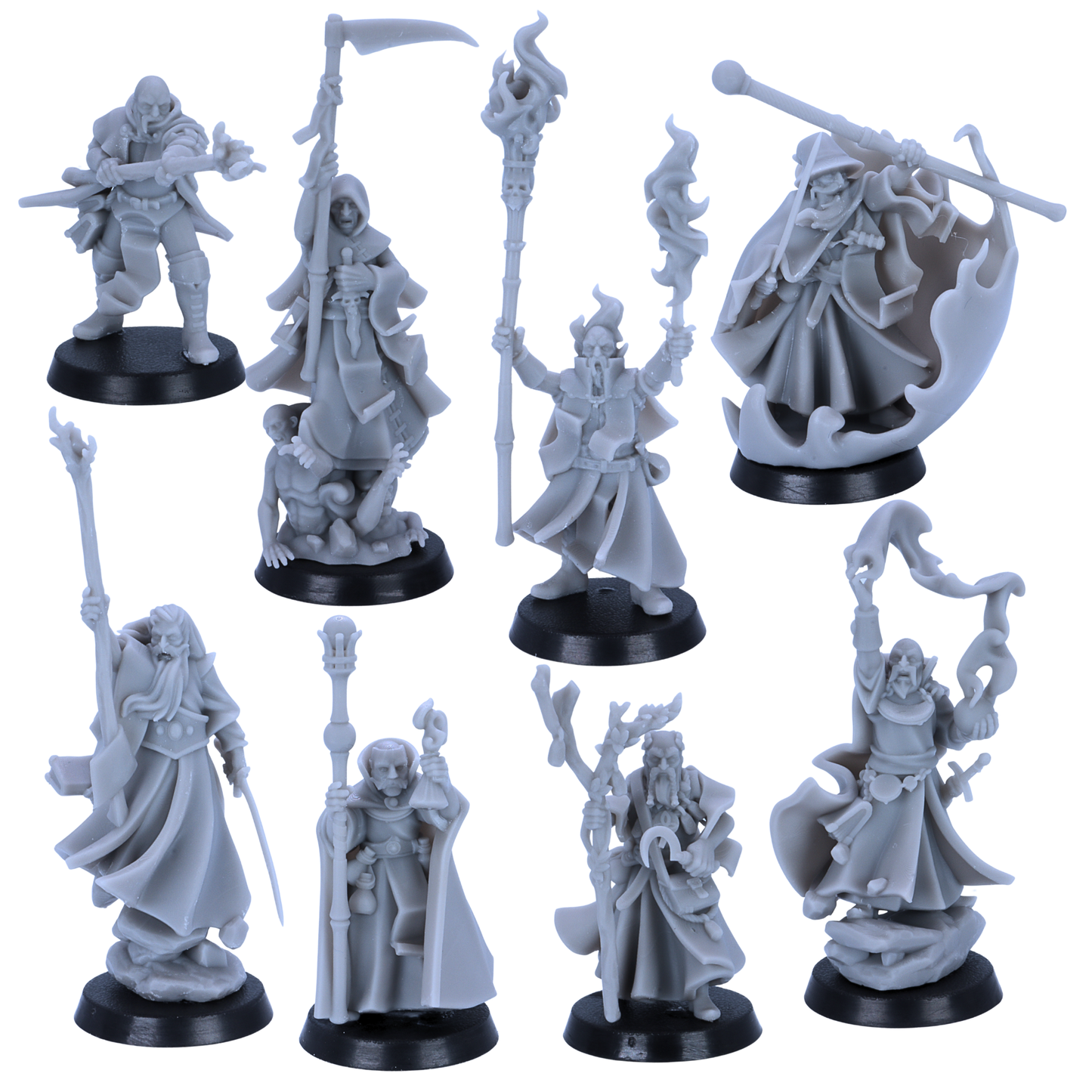Unpainted Mages Wizards set of 8 by Highlands Miniatures showing fantasy spellcaster miniatures with staffs, robes, magic effects, and characterful poses.