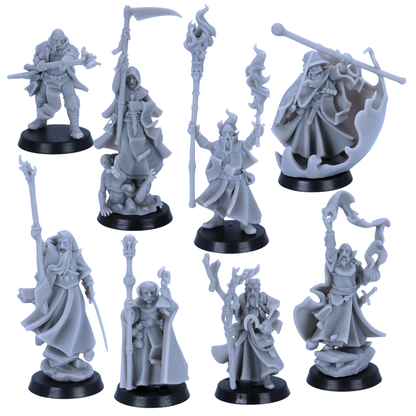 Unpainted Mages Wizards set of 8 by Highlands Miniatures showing fantasy spellcaster miniatures with staffs, robes, magic effects, and characterful poses.