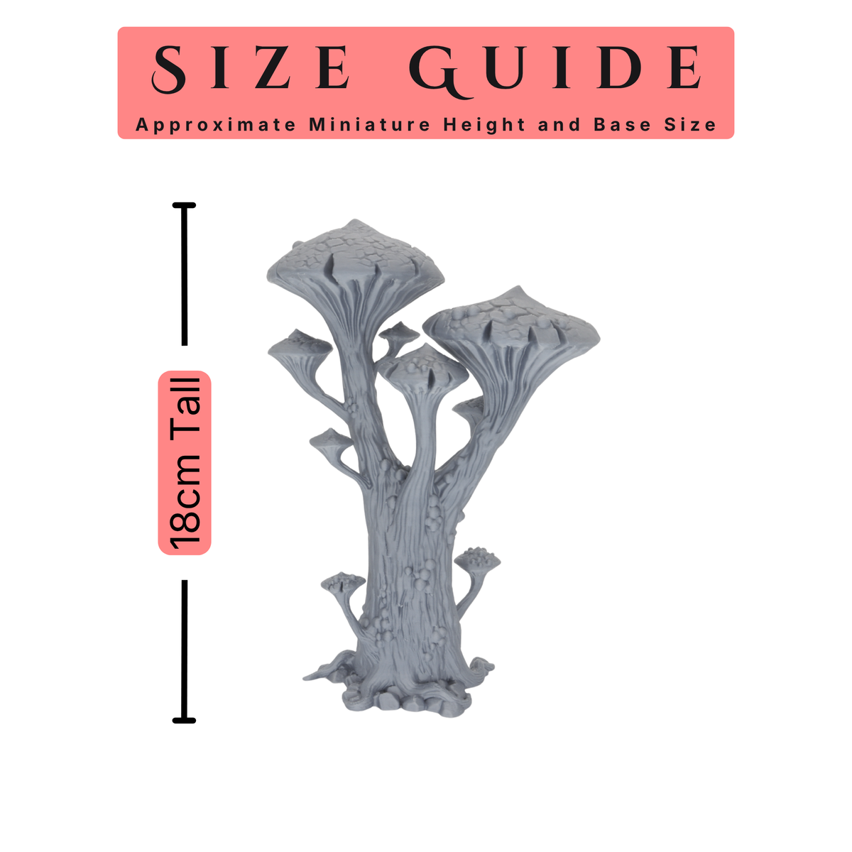 Size guide showing the shortest Magic Mushroom Tree at approximately 18cm tall.