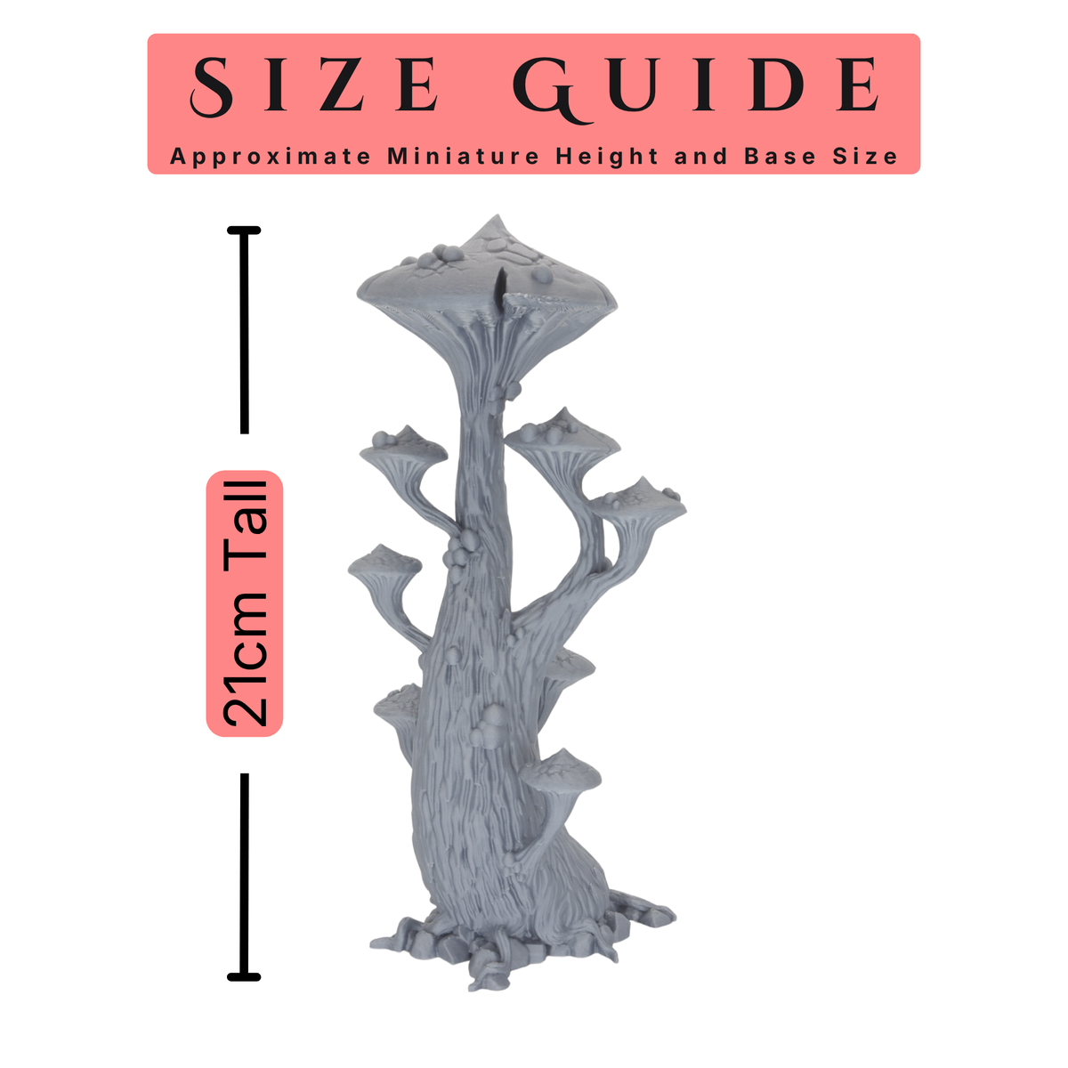 Size guide showing the medium Magic Mushroom Tree at approximately 21cm tall.