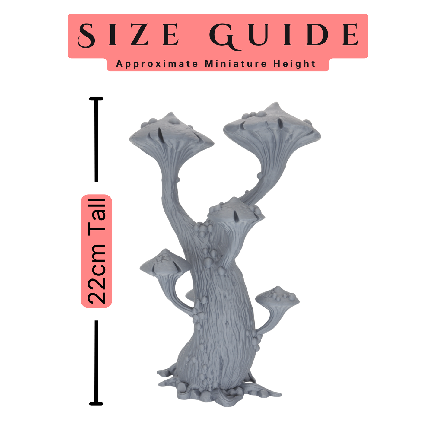 Size guide showing the tallest Magic Mushroom Tree at approximately 22cm tall.