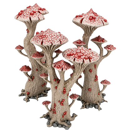 Painted set of three Magic Mushroom Trees by Printable Scenery with red and cream mushroom caps and detailed fantasy trunks.