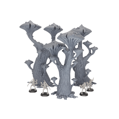 Unpainted Magic Mushroom Trees shown alongside 28mm miniatures for tabletop scale comparison.