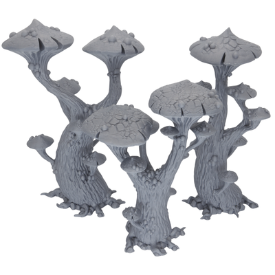 Unpainted Magic Mushroom Trees set of three showing the varied mushroom caps, branching trunks, and fantasy details.
