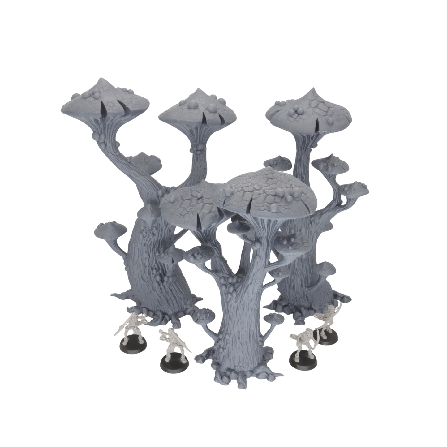 Unpainted set of three Magic Mushroom Trees displayed together with 28mm miniatures for scale.
