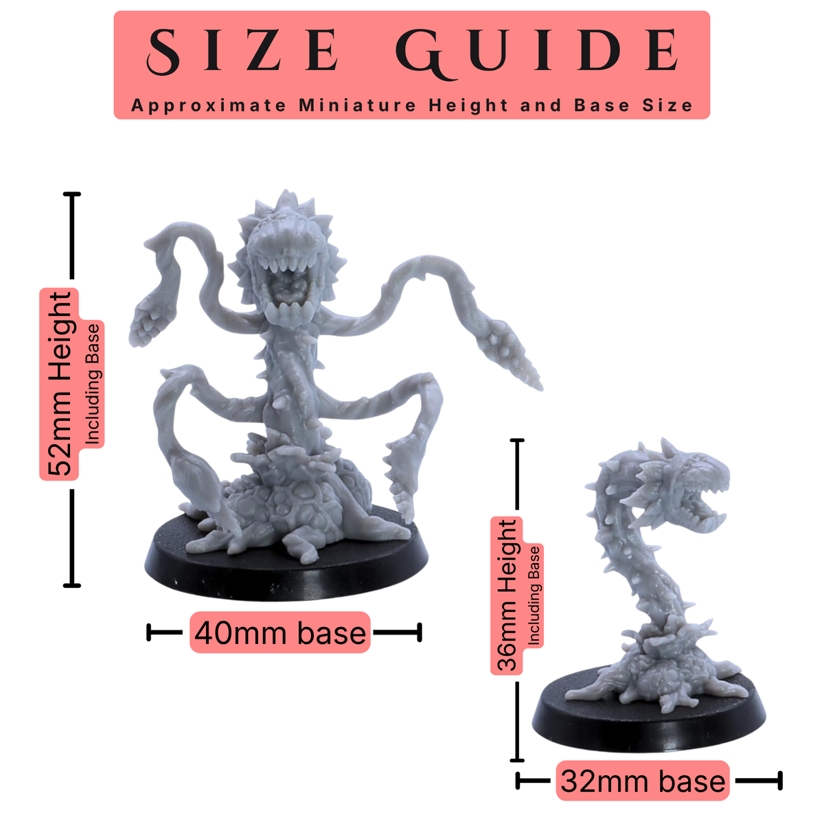 Man Eating Plants set of 7 28mm scale miniatures size guide showing examples at approximately 52mm height with 40mm base and 36mm height with 32mm base.