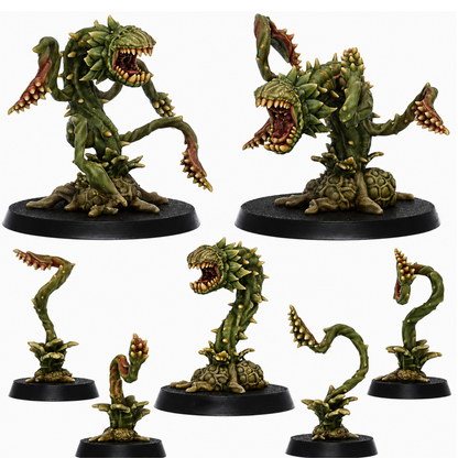 Painted Man Eating Plants fantasy monster miniature with multiple views showing its large jaws and twisting vines.