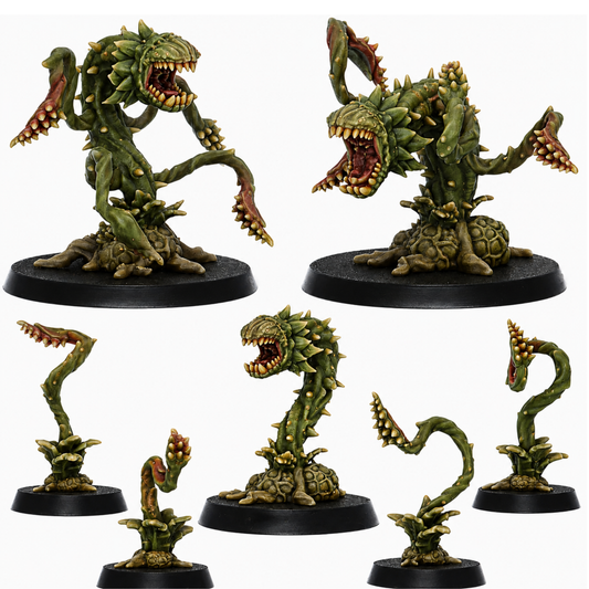 Painted Man Eating Plants fantasy monster miniature with multiple views showing its large jaws and twisting vines.
