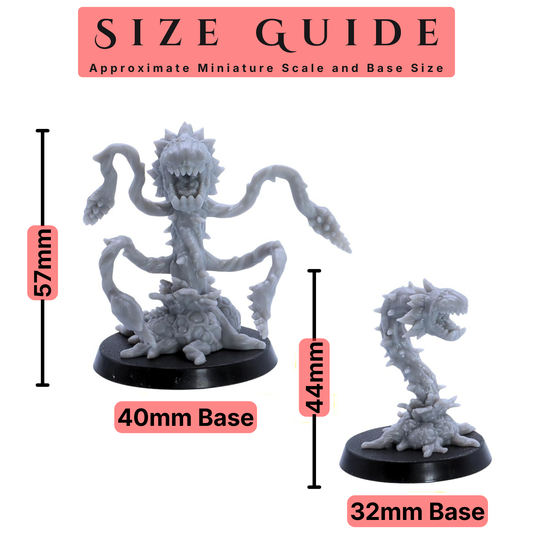 Size guide showing large and smaller Man Eating Plant miniatures with 40mm and 32mm round bases.