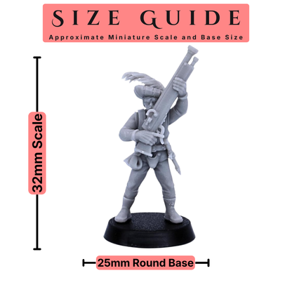 32mm Medieval Gunner miniature shown with a 25mm round base size guide.