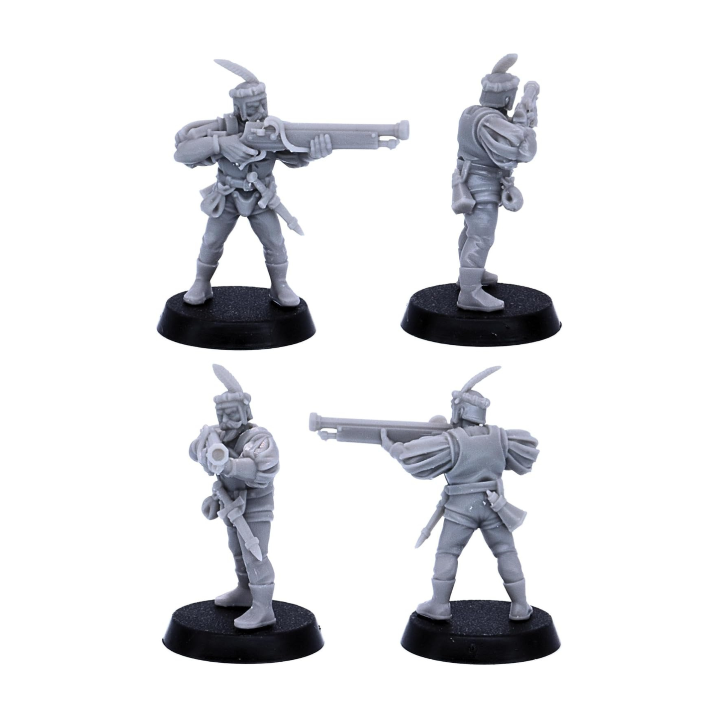 Renaissance-style gunner miniature aiming a long firearm from a standing position.