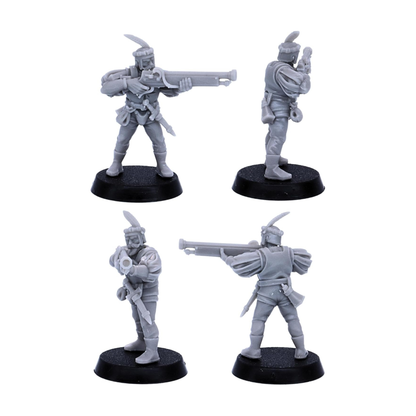 Renaissance-style gunner miniature aiming a long firearm from a standing position.