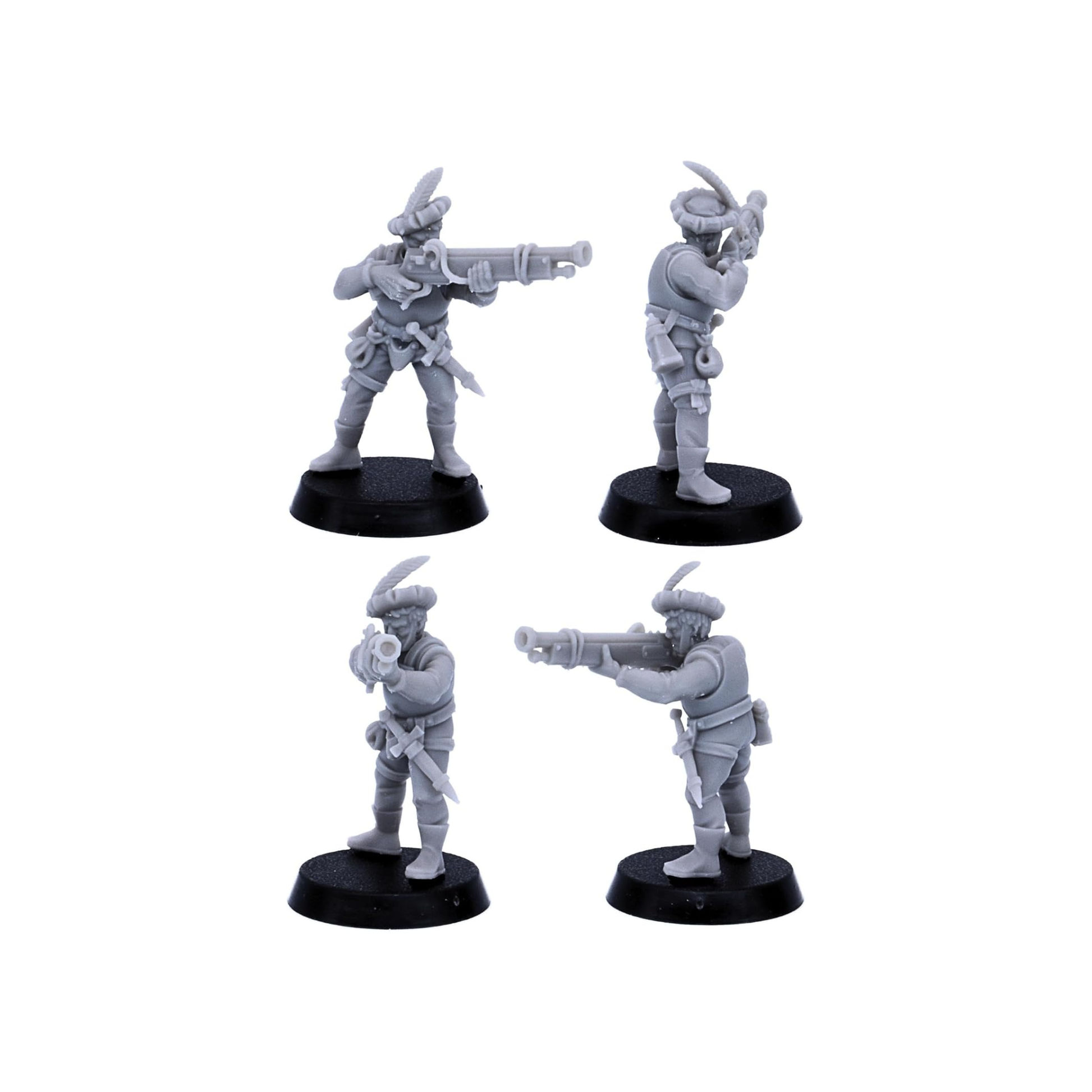 32mm Medieval Gunner shown from front, side and rear angles with detailed clothing and equipment.